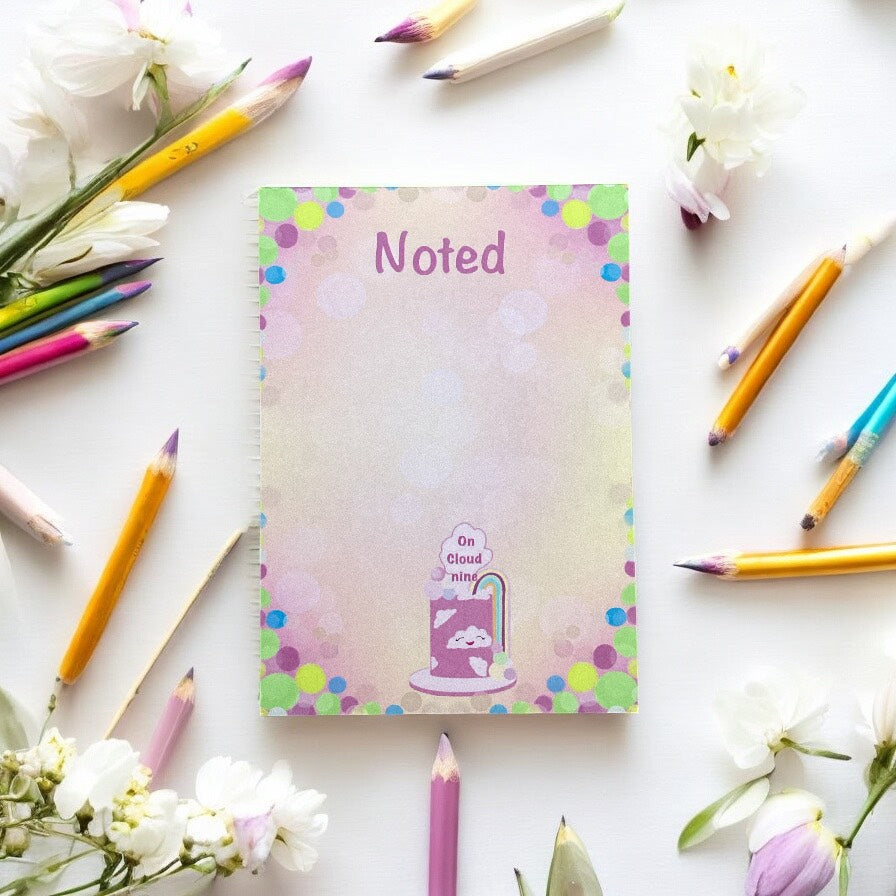 "A6 Hardback Notepad - Pink with Rainbow and Cloud Design - Colourful Stationery for Creative Writing"