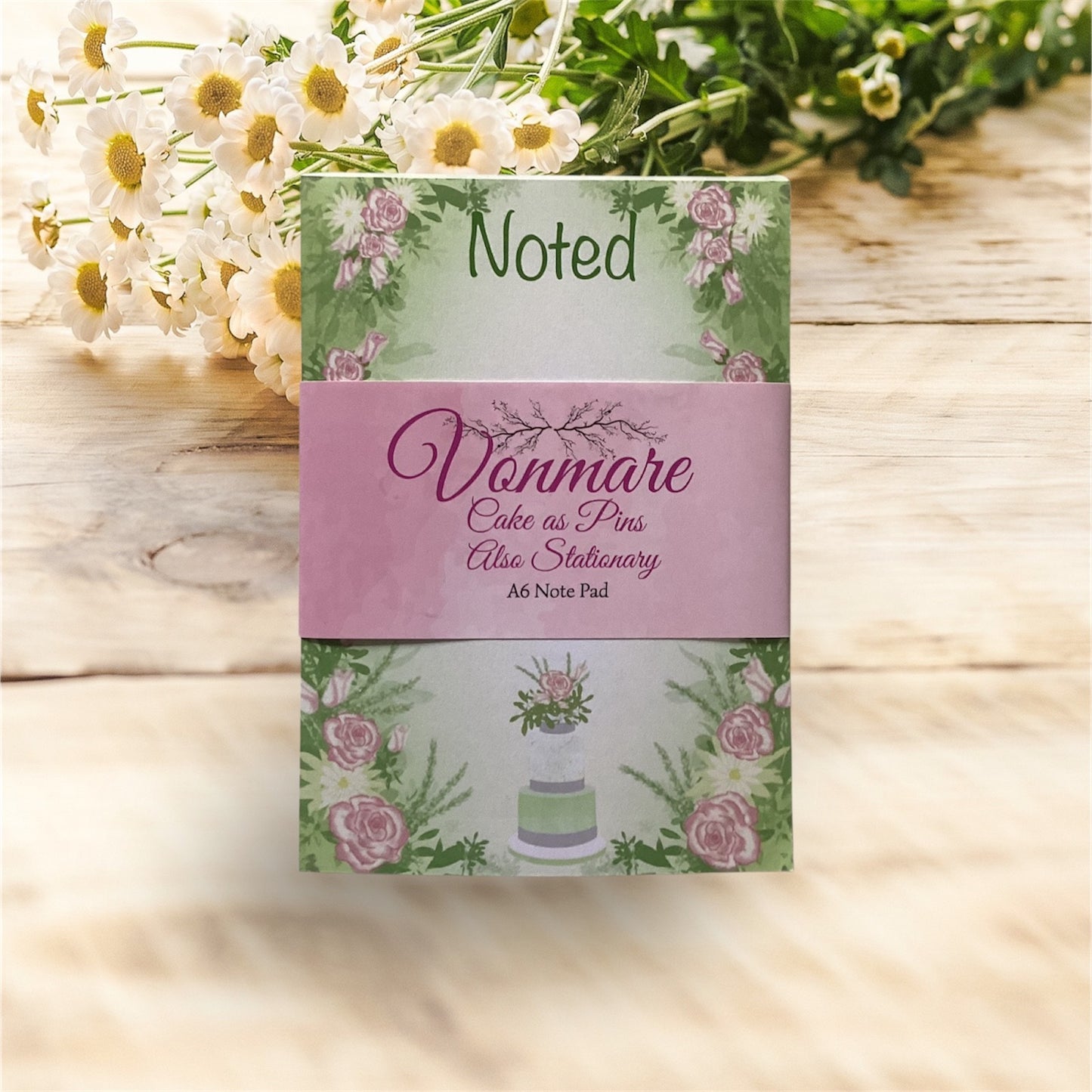 A6 Notepad with 3 Tier Cake Design - Close-up View - Premium Quality Paper with Elegant Green Floral Pattern"