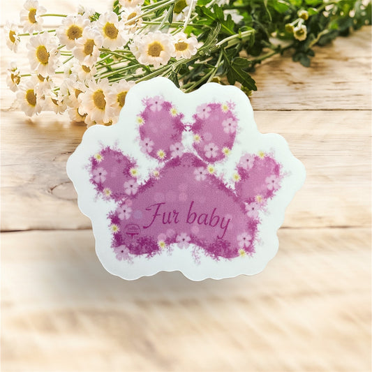 Pink Paw Print Die Cut Sticker with Floral Design - Size Comparison - Pet Themed Sticker" 40mm x 50mm