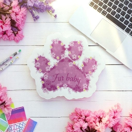 "Pink Floral Paw Print Die Cut Sticker - Water Resistant Pet Lover Collectible - Front View"