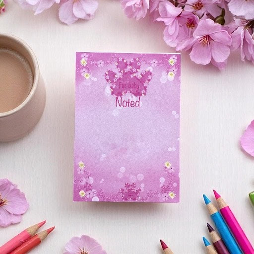 Pink A6 hardback notepad with elegant paw print design on cover, perfect for pet lovers and stylish note-taking"