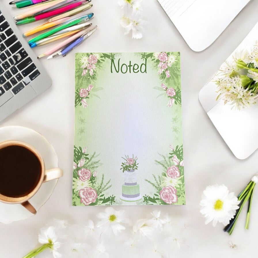 A6 Notepad with 3 Tier Cake Design - Close-up View - Premium Quality Paper with Elegant Green Floral Pattern"