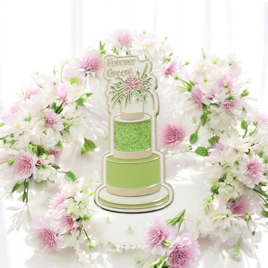 Green Three-Tier Cake Enamel Pin - Luxury floral design collectible with silver accents and glitter details - Premium hard enamel accessory for cake lovers