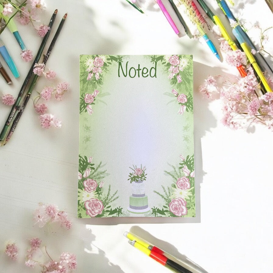 "A6 Hardback Notepad - Green Floral 3 Tier Cake Design - Luxury Stationery for Baking Enthusiasts"