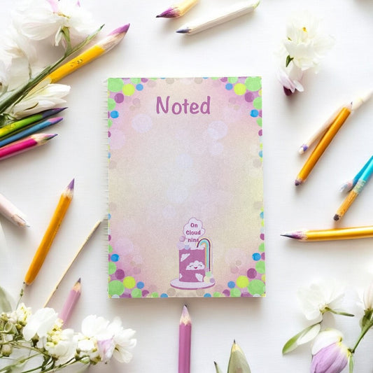 "A6 Hardback Notepad - Pink with Rainbow and Cloud Design - Colourful Stationery for Creative Writing"