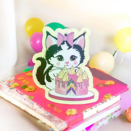 "Cute kitten and birthday cake die cut sticker, 4x5cm water resistant vinyl sticker perfect for laptops, journals and scrapbooking"