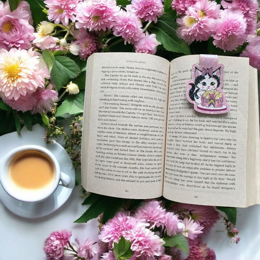 "Adorable magnetic bookmark featuring cute kitten with cake design and holographic sparkle accents, perfect for cat lovers"