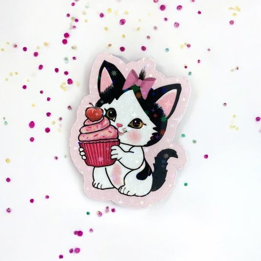 Adorable kitten with cupcake die-cut sticker - front view showing cute cat design"