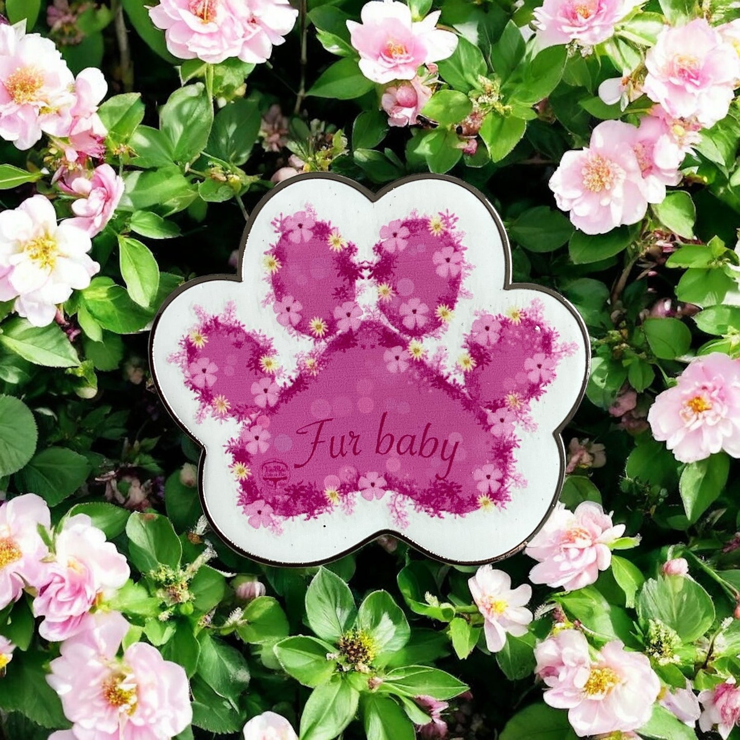 "Pink Paw Enamel Pin - Close-up Detail - Durable Metal Finish with Vibrant Pink Color"
