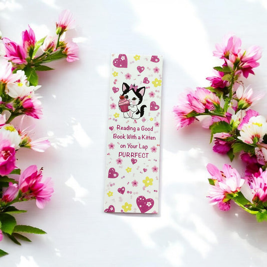 Adorable kitten bookmark with cupcake - front view showing cute cat design"