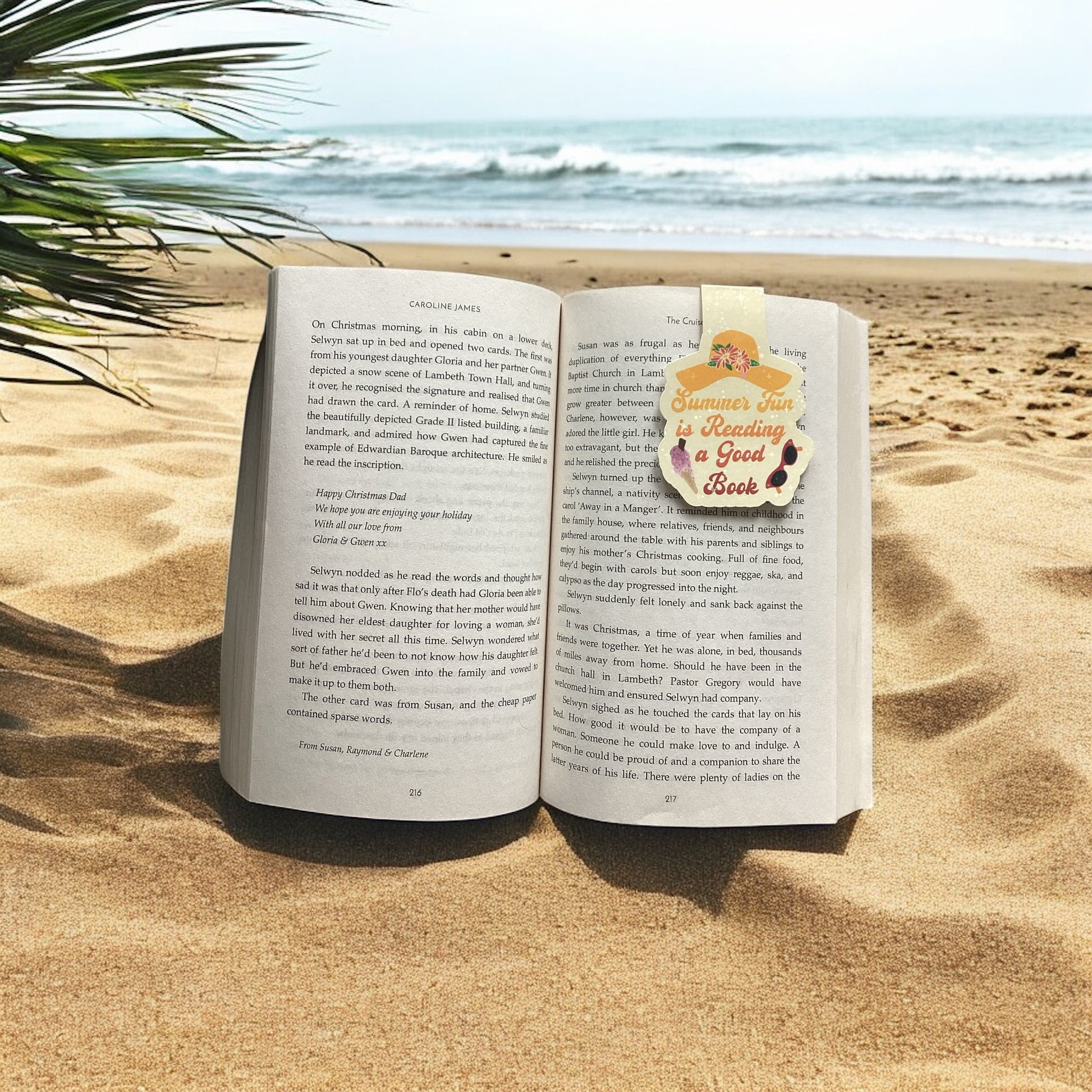Double Sided Magnetic Bookmark with Summer Beach Theme - Open View Showing Vibrant Summer Icons"