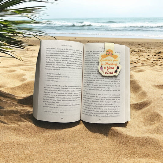 Double Sided Magnetic Bookmark with Summer Beach Theme - Open View Showing Vibrant Summer Icons"