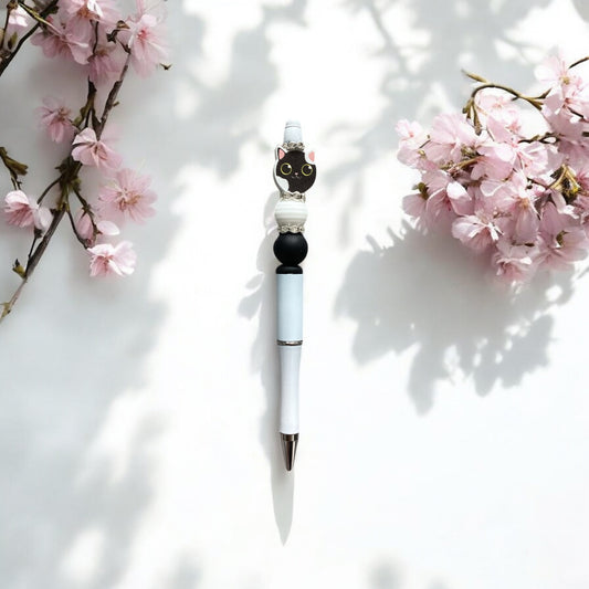  "Beaded black face cat pen with black and white beads and black biro ink - elegant writing instrument"