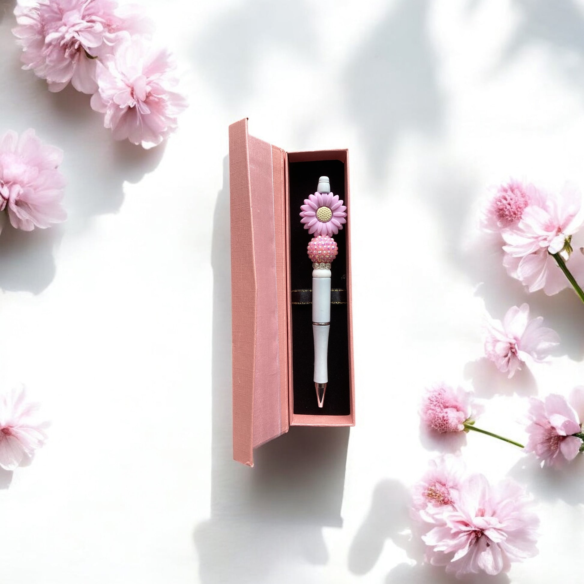 "Lilac daisy beaded pen presented in elegant gift box with organza ribbon"